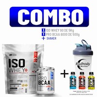 COMBO UN - ISO WHEY 90 5 KG. COOKIE + PRO BCAA 6000 500 GR. FRUIT PUNCH + SHAKER